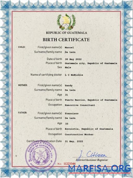 Realistic Guatemala vital record birth certificate PSD template